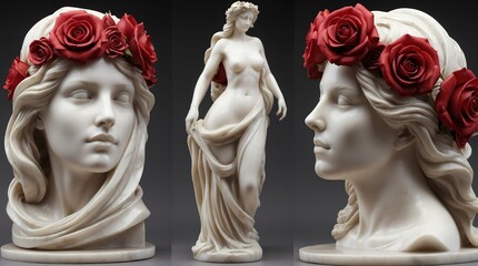 Wall Mural - red roses crown wreath of beautiful woman marble sculpture statue art