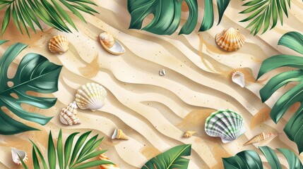 Poster - A vector illustration featuring a flat lay of tropical leaves and seashells scattered across beach sand, creating a summery and exotic atmosphere