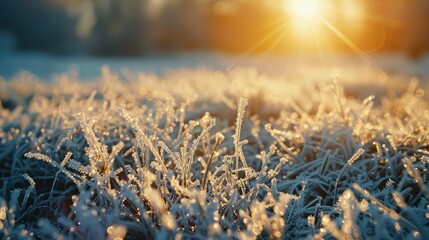 Canvas Print - Morning sunlight shining on grass covered in frost