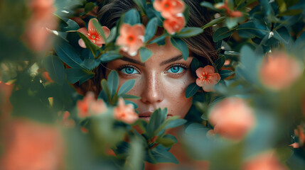 Bright makeup elegant woman on beautiful face green leaves and flowers. Beautiful young woman with clean perfect skin in greens. Spa, skincare and wellness. Close up.