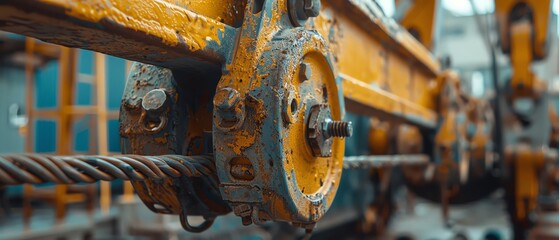 Close-up of an old, yellow rusty industrial machine part with cables and pulleys in a workshop setting.