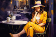© o1559kip - Woman in yellow clothes and hat in a purple Parisian cafe