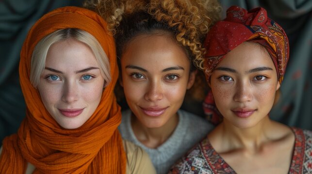 A realistic portrait of a diverse group of friends standing side by side, smiling at the camera. The minimalist background focuses on the different ethnicities and the unity in diversity, perfect for