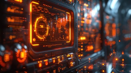 a control panel of a futuristic spaceship. The panel is made of dark metal and has several orange lights and displays.