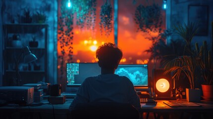 A young programmer is hard at work coding away in the dark. 