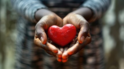A person of color is holding a red heart in their hands. 