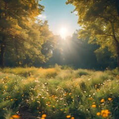Wall Mural - AI generated illustration of a sunlight filters through trees onto yellow daisies in a meadow
