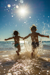 back view of unknown children toddler enter the sea ocean