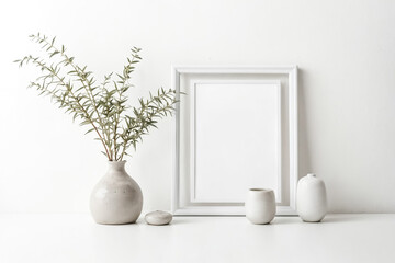 Poster - Minimalist White Interior Design with Blank Frame and Greenery