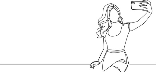 Wall Mural - continuous single line drawing of young woman taking a selfie with her smartphone, line art vector illustration