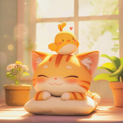 Wall Mural - adorable cat lying on a pillow with a small yellow birdie on the head, orange color