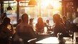 © AI Lab - Presentation restaurant and business people in lunch meeting for discussion planning and group work Coffee shop teamwork and men and women talking for team building collaboration and i : Generative AI