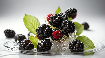 Wall Mural - bunch of blackberry on plain white background with water splash