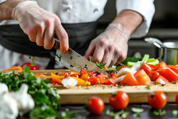 chef's hands chopping vegetables on a cutting board