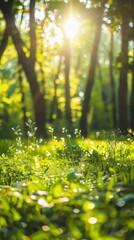 Defocused green trees in forest or park with wild grass and sunlight. Beautiful summer spring nature background, 4k HD wallpaper, background, generated by AI.Lush Green Foliage and Sunlight in the For