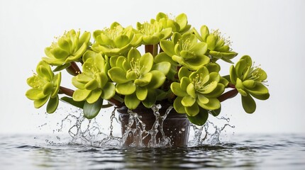 Wall Mural - bunch of euphorbia flowers on plain white background with water splash