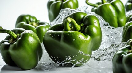 Wall Mural - bunch of green bell pepper on plain white background with water splash