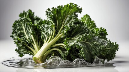 Wall Mural - bunch of kale leaves on plain white background with water splash