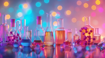 Wall Mural - illustration of a scientific experiment setup with different glassware and colorful liquids, molecul