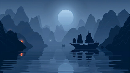 dark blue illustration of ha long bay with an ancient ship floating on the sea, silhouette mountains
