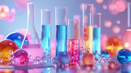 Wall Mural - detailed illustration of test tubes and beakers with vibrant chemical solutions, molecules floating 