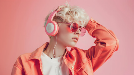 Wall Mural - queer person over pink background listening to music on headphones
