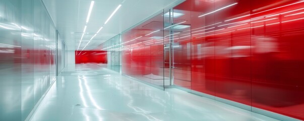 Poster - Blurred office interior with red accents and glass walls