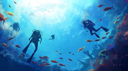 Wall Mural - divers in a bright underwater reef with fish and corals