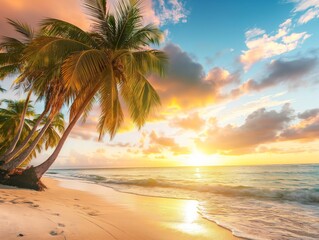 Beautiful sunrise over the tropical beach, beach with palm trees