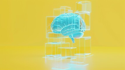 Wall Mural - A brain is shown in a cube structure with a yellow background. The brain is surrounded by a series of cubes, each one slightly smaller than the one before it