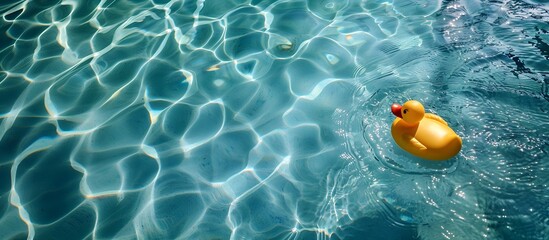 A yellow rubber duck floating in the swimming pool, light blue water, photography background, copy space for text, duck in a large blue water poolside