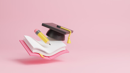 Book with graduation hat of university on pink background. Promotion of educational programs, courses. Successful result. Certified education, graduate specialist. E-learning.3d rendering illustration