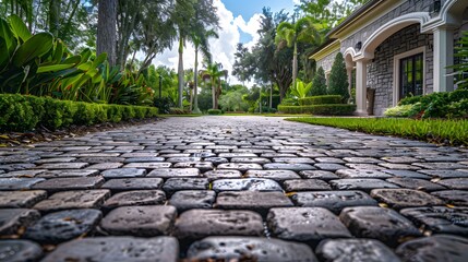 Wall Mural - A photo of a perfectly tiled driveway in front of the house, in the paver style, with beautiful landscaping and greenery surrounding it.