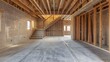 © horizon - A photo of an unfinished basement with wooden frame walls and staircase, showing the rough construction process and potential for future development in home hunting.