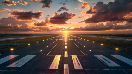Wall Mural - An airport runway lit by the evening sunset, ready for planes to land or take off