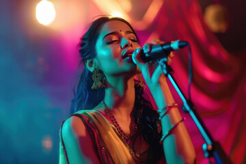 young indian woman singing with microphone