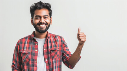 Wall Mural - young indian man giving thumbs up on white background