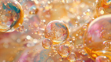 Wall Mural - Orange Bubbles Floating in Viscous Liquid with Bokeh Background Light and Refractions