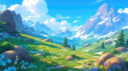 Wall Mural - Experience the enchanting beauty of a cartoon sunrise nature landscape featuring majestic mountains pristine snow and lush green grass in a captivating 2d background Perfect for a picturesqu