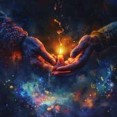 Wall Mural - hands holding out a lit candle with stars and water splashing on them