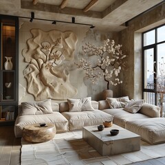 Poster - living room with stone wall and plant and sofa set in front of window