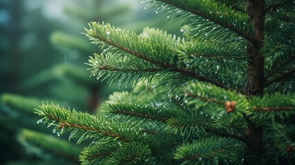 Close-up of green pine tree branches with dew drops in a serene forest setting, showcasing natural beauty and tranquility.