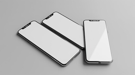 mockup of three modern smartphones with blank screens on light gray background communication and technology concept 3d illustration