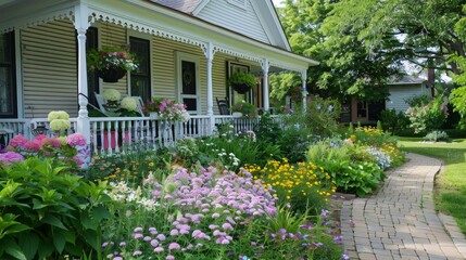 Canvas Print - A beautifully landscaped front yard with a welcoming pathway, vibrant flowers, and a charming front porch.