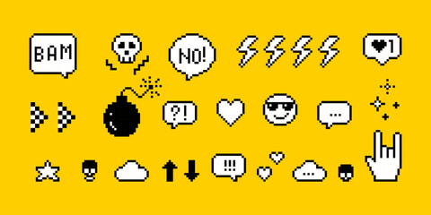 Set of pixel art speech bubbles and icons. Explosion bomb effect. Scull. Cloud. Star. Retro game style dialogue box,  elements collection. Pixels Y2k trendy playful stickers. 8bit vector illustration