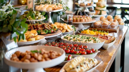 A buffet table loaded with a variety of delicious dishes, from appetizers to desserts, ready to serve guests at a festive party.