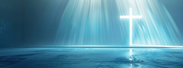 Wall Mural - Universal abstract gray blue background with beautiful lighting rays. Cross is glowing, light interior wall for display, religion culture, faith, Jesus, hope, light, 4k HD wallpaper, background, gener