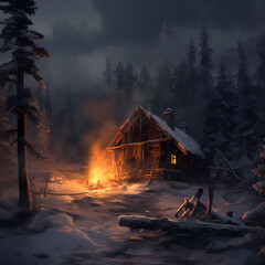 Sticker - A cozy cabin in the snowy woods with smoke from the chimney