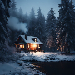 Wall Mural - A cozy cabin in the snowy woods with smoke from the chimney
