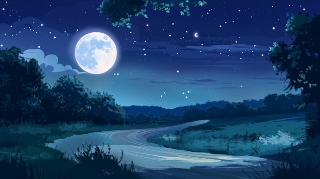 A quiet, moonlit road in the countryside, with the full moon casting a silver glow over the landscape and stars twinkling above. 